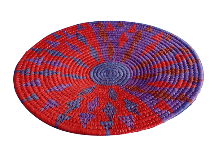 Plate woven in shades of red and violet Sabai grass work by Dipali Mura Thumbnail