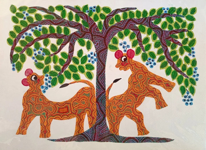 Playful Tigers under a Tree of Life in Bhil Painting by Geeta Bariya Thumbnail