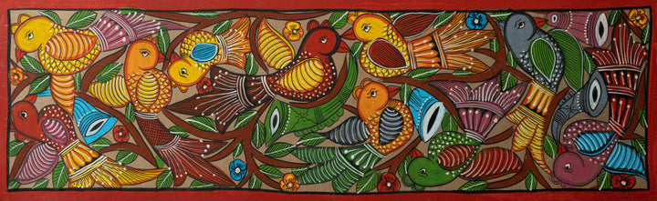 Polychromatic birds in Santhal Tribal Pattachitra by Manoranjan Chitrakar Thumbnail