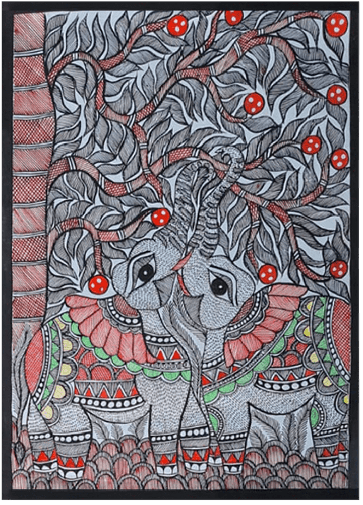 Portrayal of elephants under a tree: Madhubani by Vibhuti Nath Thumbnail