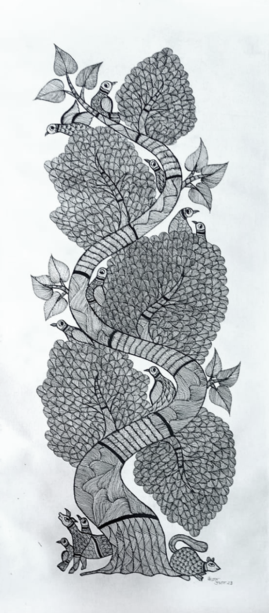 Patterns of Nature: Tree with Birds and Animals: Gond by Kailash Pradhan Thumbnail