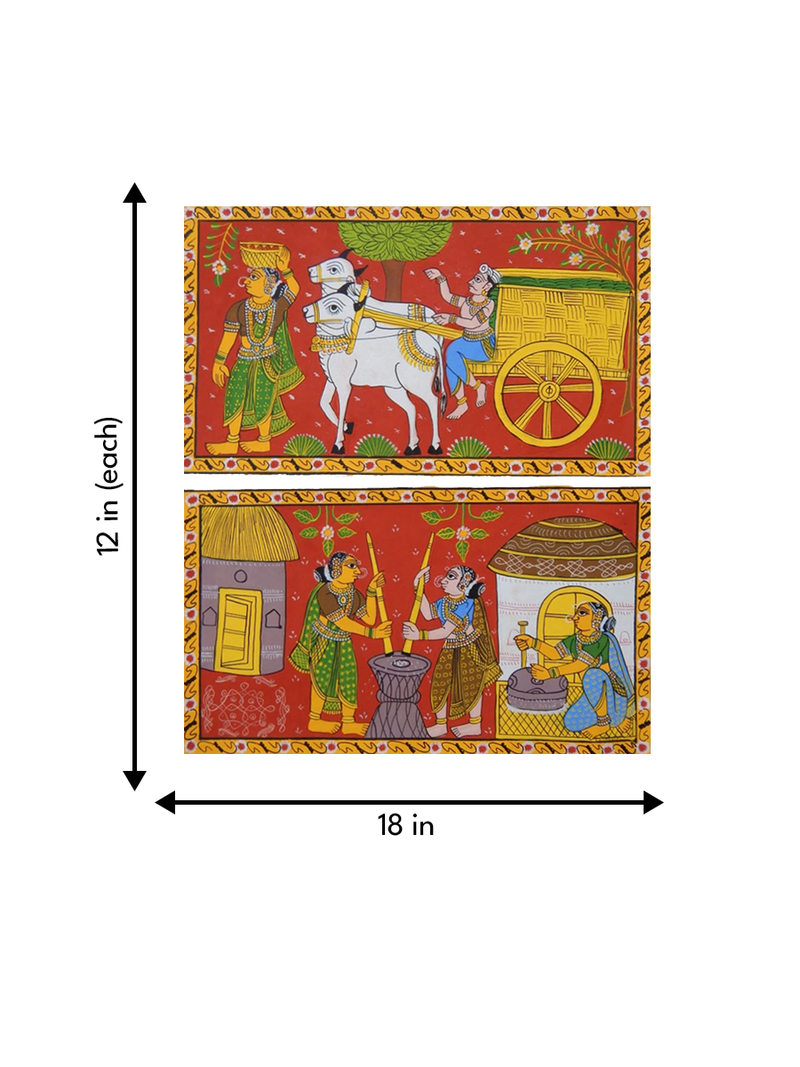 RURAL VILLAGE LIFE: CHERIYAL SCROLL PAINTING by Sai Kiran (Set of 2)