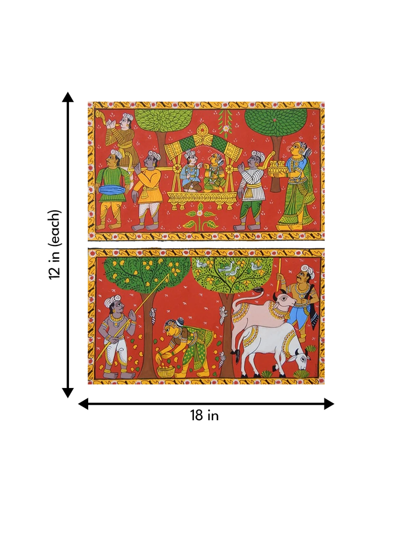 RURAL VILLAGE LIFE: CHERIYAL SCROLL PAINTING by Sai Kiran (Set of 2)