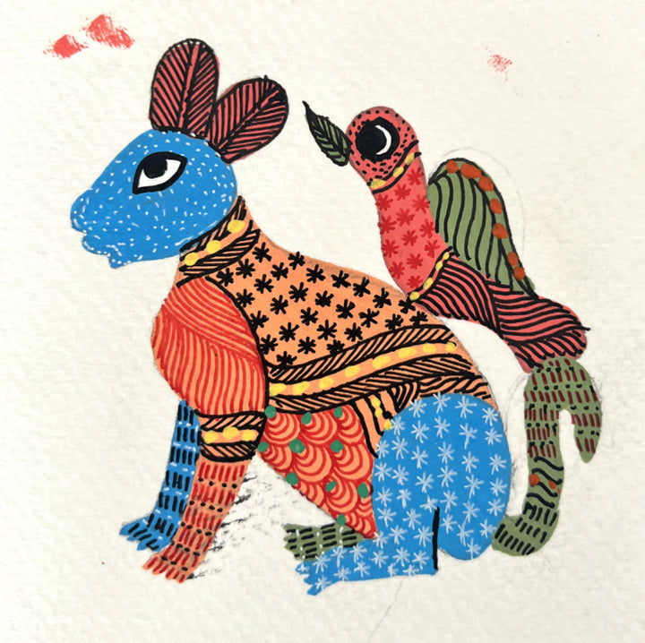 The Eternal Bond: Rabbit with Bird in Gond by Kailash Pradhan Thumbnail