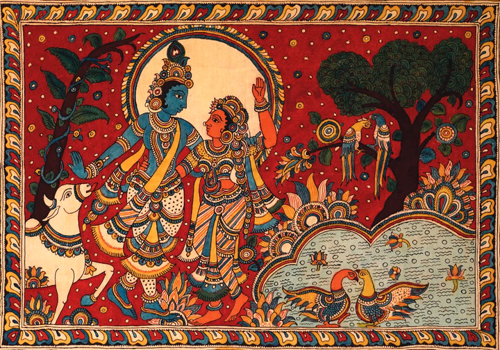 Radha- Krishna in Brindavan Kalamkari Painting by Siva Reddy Thumbnail