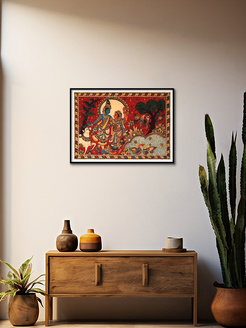 Radha- Krishna in Brindavan Kalamkari Painting by Siva Reddy