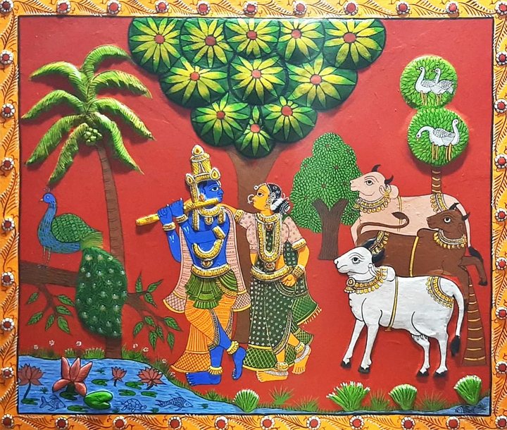 Radha Krishna : CHERIYAL SCROLL PAINTING (embossed work) by Sai Kiran Thumbnail