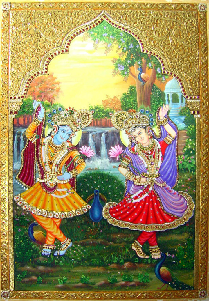 Radha-Krishna Dancing, Tanjore Painting by Sanjay Tandekar Thumbnail