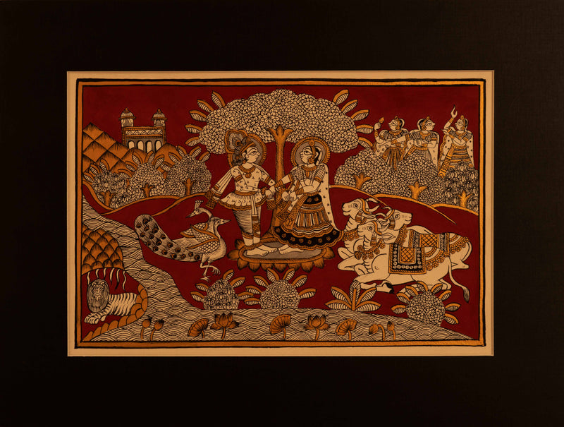 Radha-Krishna scene under a tree: Phad by Kalyan Joshi for Sale
