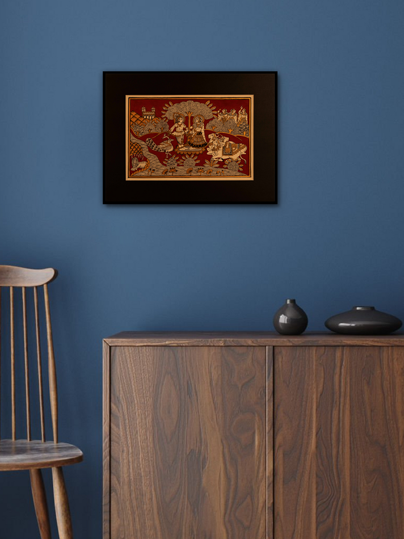 Radha-Krishna scene under a tree: Phad by Kalyan Joshi for Sale