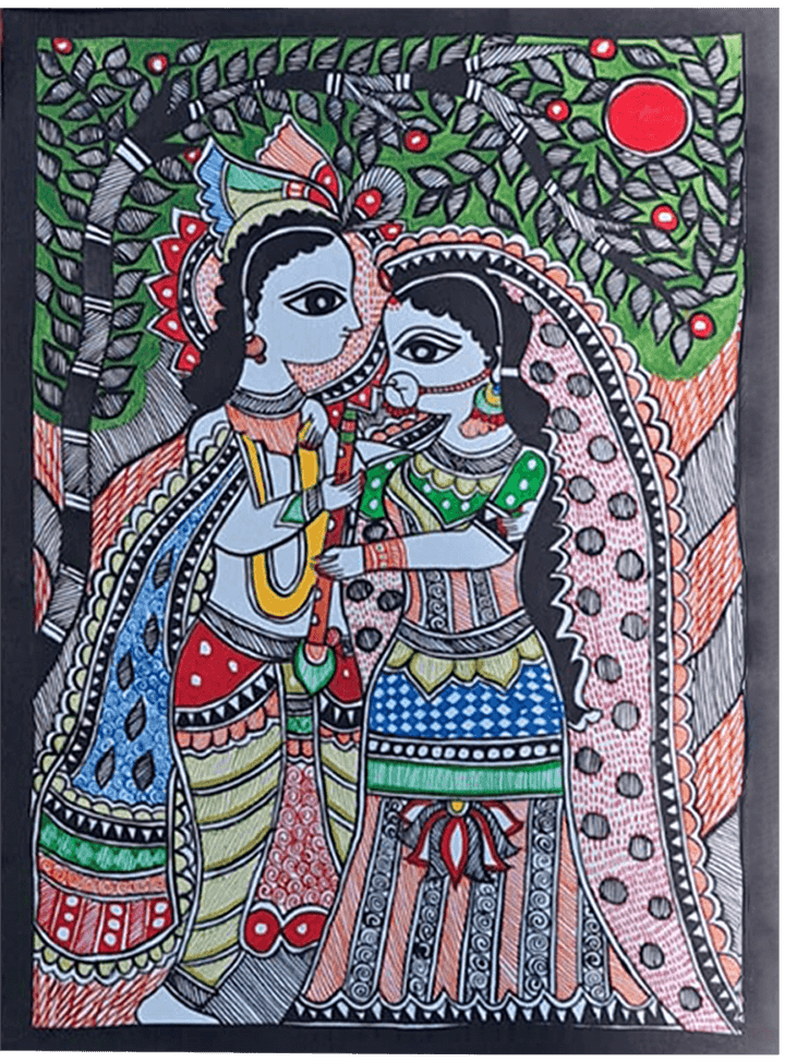 Radha-Krishna scenery in Madhubani by Vibhuti Nath Thumbnail