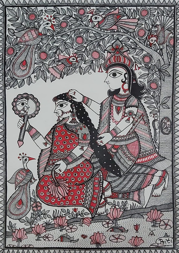 Madhubani painting of Radha and Krishna’s Tender Love by Priti Karn Thumbnail