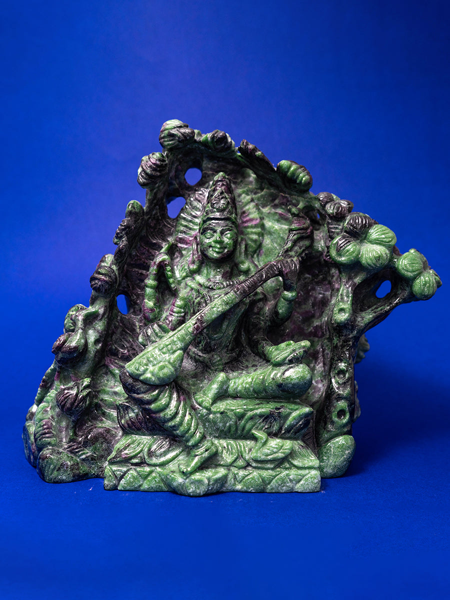 Radiant Wisdom: Ruby Zoisite Sculpture of Goddess Saraswati 
