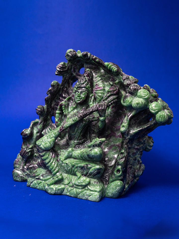 Radiant Wisdom: Ruby Zoisite Sculpture of Goddess Saraswati by Prithvi Kumawat Thumbnail