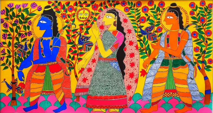 Ram Lakshman and Sita in the Van in Madhubani by Izhar Ansari Thumbnail