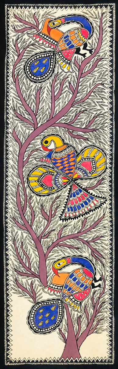 Regal Serenity: A Madhubani Tapestry of Colorful Peacocks by Ambika Devi Thumbnail