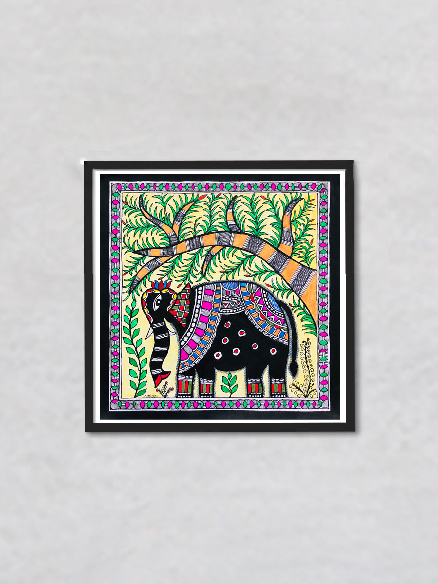 Regal Splendor The Magnificent Elephant under theTree in Madhubani Painting by Ambika Devi
