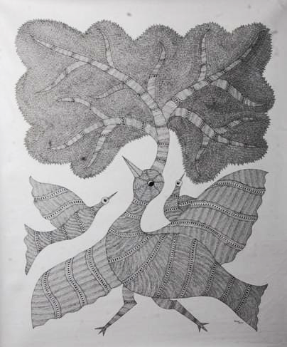 Tree and Birds in Monochrome in Gond Art by Kailash Pradhan Thumbnail