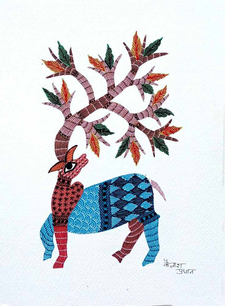 Deer with Horns: Blooming Mahua Tree in Gond by Kailash Pradhan Thumbnail