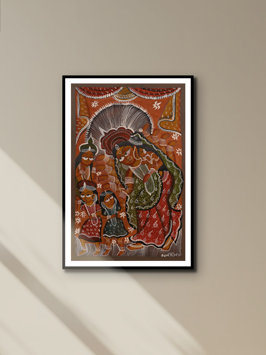 Maa Durga with Kids in Bengal Pattachitra by Swarna chitrakar for sale