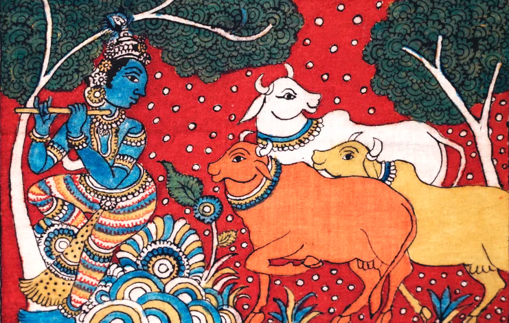 Krishna with Cows Kalamkari Painting by Siva Reddy