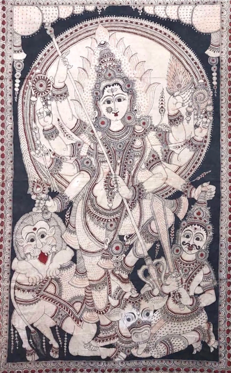 Majestic Maa Mahisamardini: Kalamkari painting by Sudheer