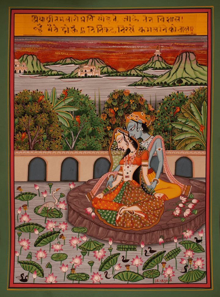 Sacred Serenity: Radha and Krishna's Eternal Embrace, Kishangarh art by Shehzaad Ali Sherani Thumbnail