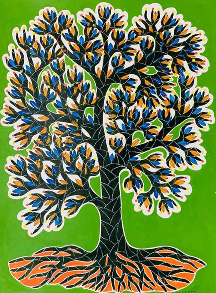 Saja Tree's Symphony: Gond Painting by Venkat Shyam Thumbnail