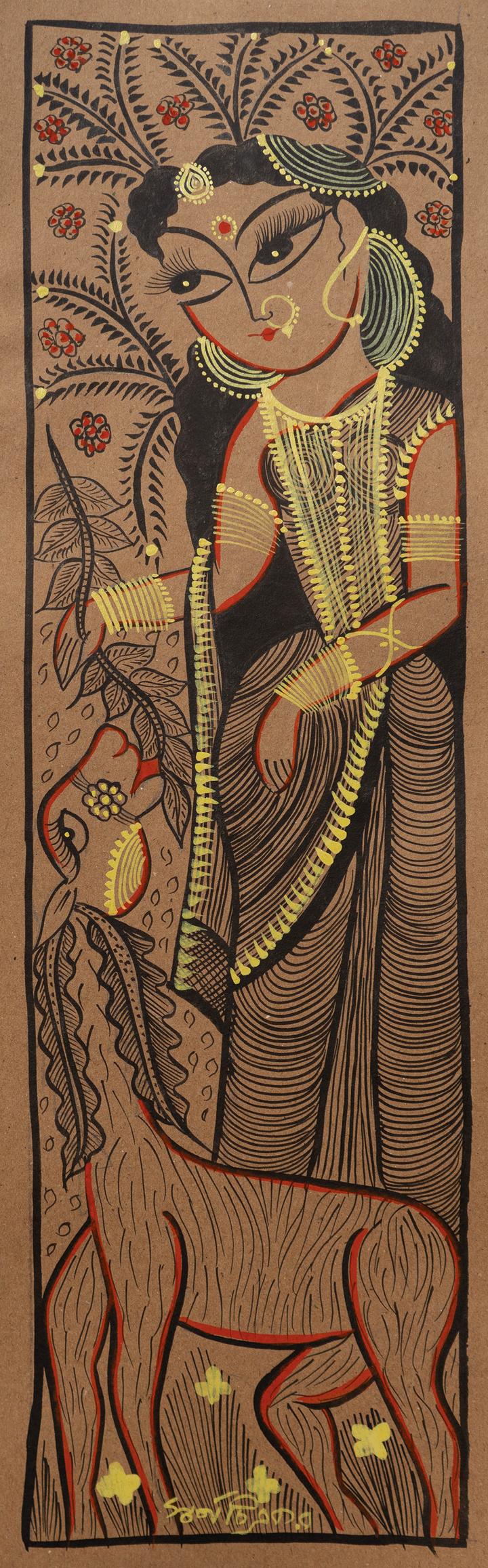 Saraswati and the Deer in Bengal Pattachitra by Swarna Chitrakar Thumbnail