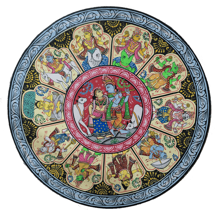 Seraphic Encounters The Mystical Multi Color Dus Avatara Krishna and Radha Krishna - Pattachitra Plate by Apindra Swain for Home Decor Thumbnail