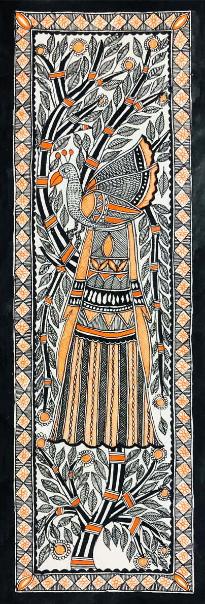 Serenade of Colours: An Intricate Peacock's Embrace Madhubani Painting by Ambika Devi Thumbnail