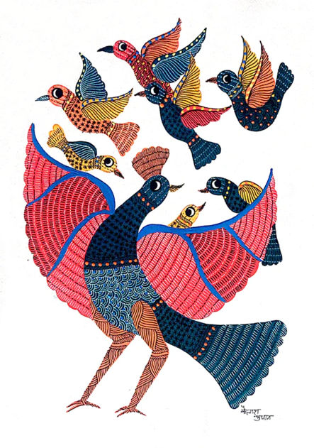 Serenading Nature's Kaleidoscope: Peacock and Birds in Gond Painting by Kailash Pradhan Thumbnail