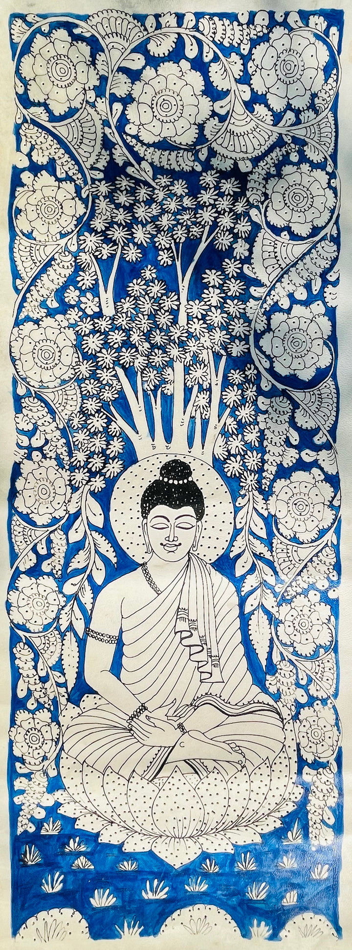 Serenity Embodied: Blue and White Spiritual Buddha Meditating Under Bodhi Tree Tholu Bommalata Painting by Kanday Anjanappa Thumbnail