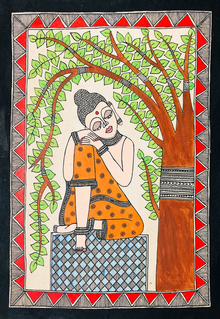 Serenity Under the Bodhi Tree, Madhubani Painting by Ambika Devi Thumbnail