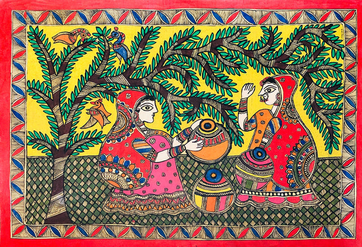 Serenity of Village Life: A Harmonious Tapestry, Madhubani art by Ambika devi Thumbnail
