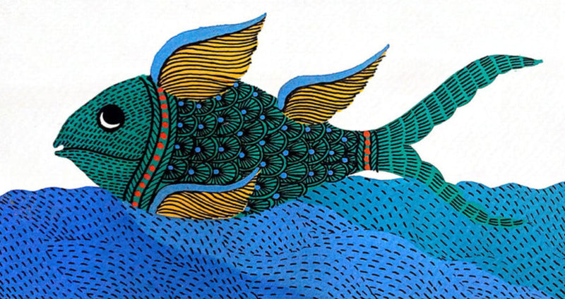 But Shimmering Waters A Tale of the Captivating Fish Gond Painting by Kailash Pradhan