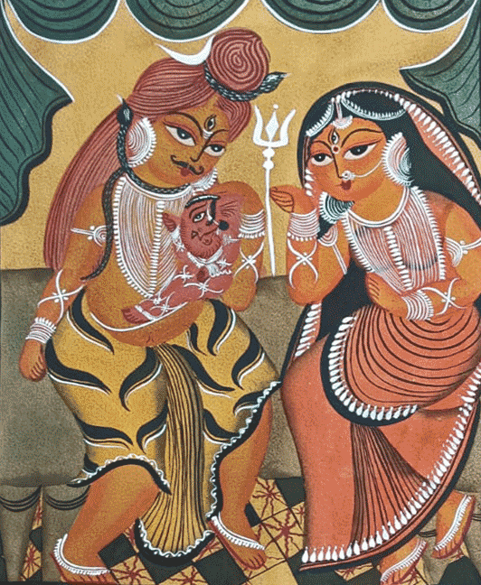 Shiva and Parvati with Ganesha (Shiv Parivaar) in Kalighat by Hasir Chitrakar Thumbnail