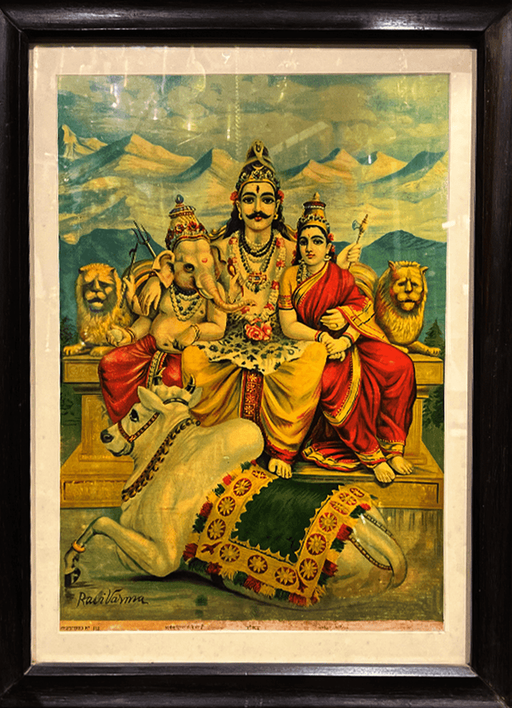 Shiva with Parvati and Ganesh, Oleograph by Raja Ravi Varma Thumbnail