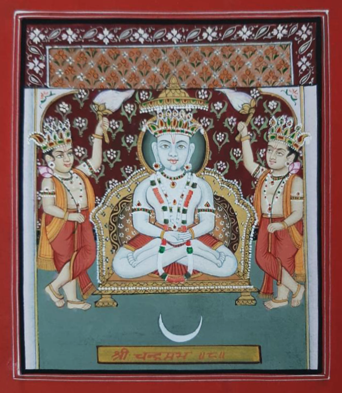 Jain Tirthankara Shri Chandraprabhu Ji in Meditation -Pichwai by Shehzaad Ali Sherani Thumbnail