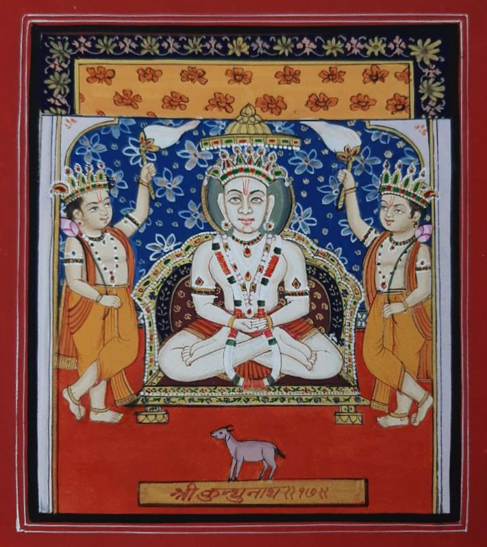 Shree Kunthunath Ji with Lanchan male goat: Pichwai by Shehzaad Ali Sherani Thumbnail