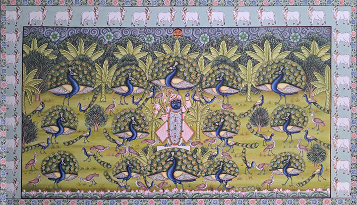 The Blooming Devotion: Shrinathji amidst Peacocks in Pichwai by Shehzaad Ali Sherani Thumbnail