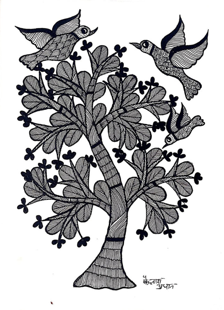 Silent Serenade: Birds Amidst the Gond Tree Gond Painting by Kailash Pradhan Thumbnail