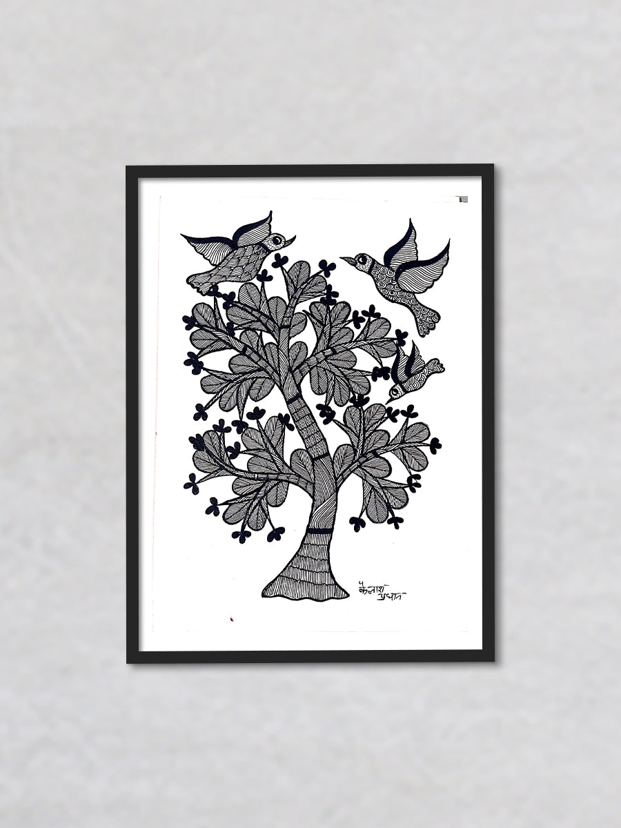Silent Serenade: Birds Amidst the Gond Tree Gond Painting by Kailash Pradhan