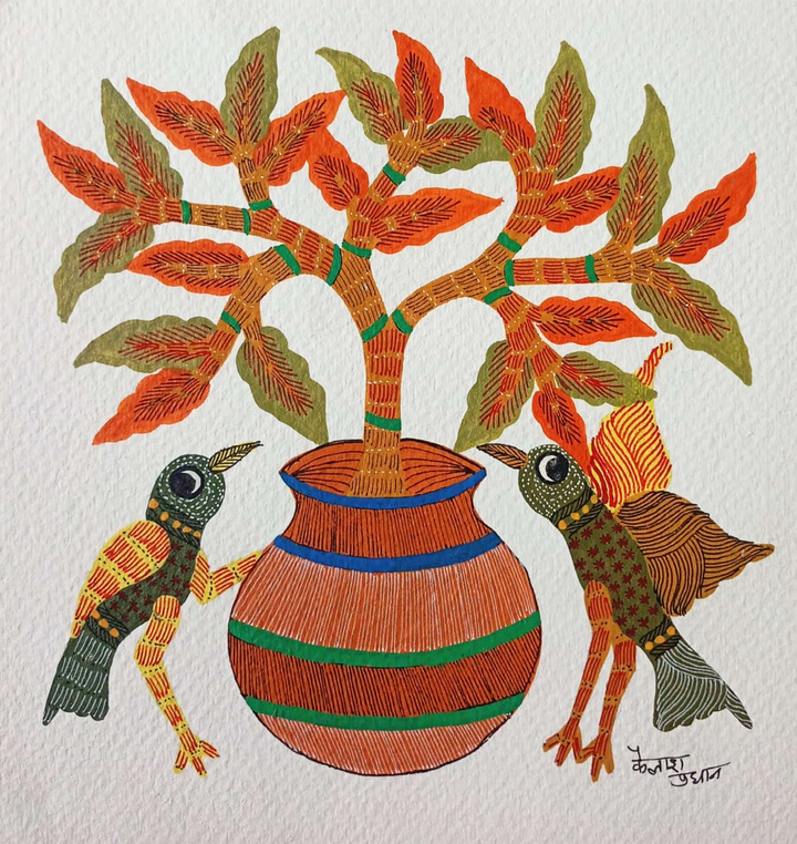 Birds with A Planted Pot in Gond by Kailash Pradhan Thumbnail
