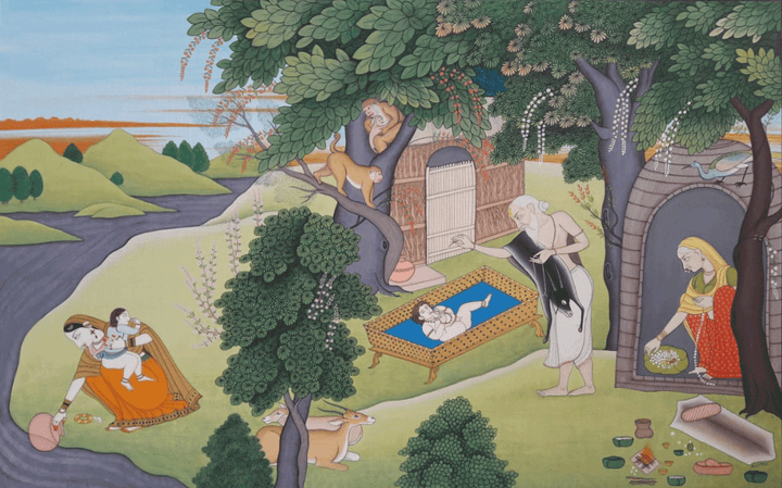 Sita Mata in Valmiki Ashram in Kangra Miniature by Anshu Mohan Thumbnail