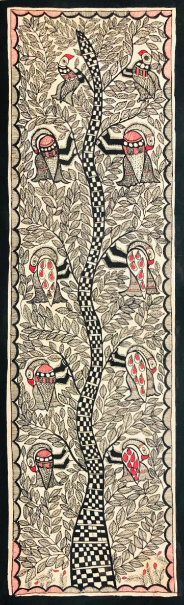 Sparrow Serenade: Nature's Harmonious Haven, Madhubani Painting by Ambika Devi Thumbnail