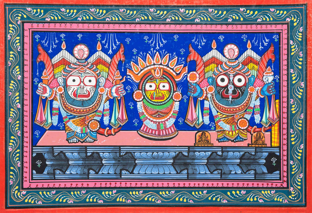 Vibrant Jaganath, Subhadra, and Balbhadra in Nagarguna Bhes Pattachitra Painting are now on sale.