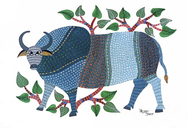 Colorful bull in Gond Painting by Kailash Pradhan Thumbnail