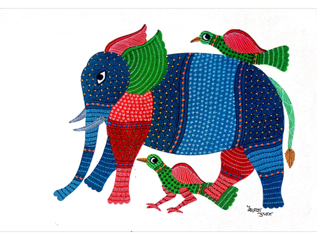 The Jungle Safari: Elephant and Birds in Gond by Kailash Pradhan Thumbnail