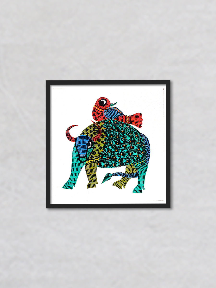 Strength and Freedom The Bull and Bird's Alliance Gond Painting by Kailash Pradhan